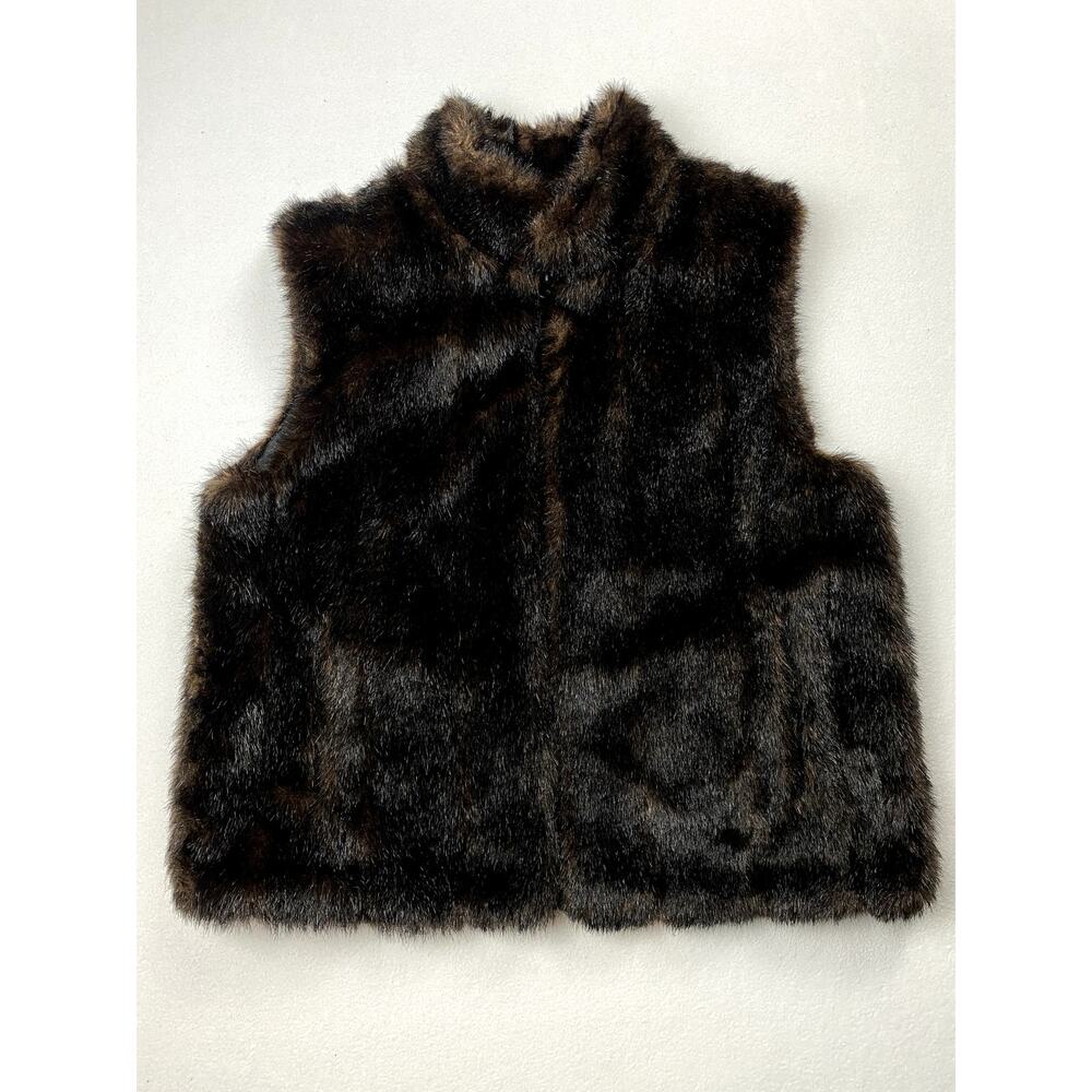 Giacca Vintage Faux Fur Reversible Vest Women L Brown Plush Sleeveless Jacket